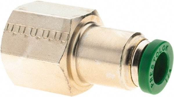 Parker - 1/4" Outside Diam, 1/4 NPTF, Nickel Plated Brass Push-to-Connect Tube Female Connector - 300 Max psi, Tube to Female NPT Connection, Nitrile O-Ring - Exact Tool & Supply