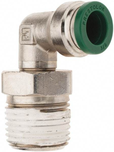 Parker - 3/8" Outside Diam, 1/2 NPTF, Nickel Plated Brass Push-to-Connect Tube Male Swivel Elbow - 300 Max psi, Tube to Male NPT Connection, Nitrile O-Ring - Exact Tool & Supply