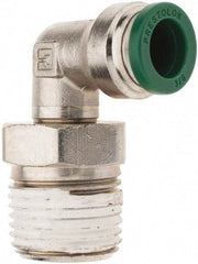 Parker - 3/8" Outside Diam, 1/2 NPTF, Nickel Plated Brass Push-to-Connect Tube Male Swivel Elbow - 300 Max psi, Tube to Male NPT Connection, Nitrile O-Ring - Exact Tool & Supply