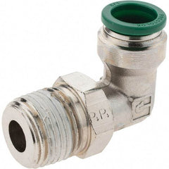 Parker - 1/2" Outside Diam, 1/2 NPTF, Nickel Plated Brass Push-to-Connect Tube Male Swivel Elbow - 300 Max psi, Tube to Male NPT Connection, Nitrile O-Ring - Exact Tool & Supply
