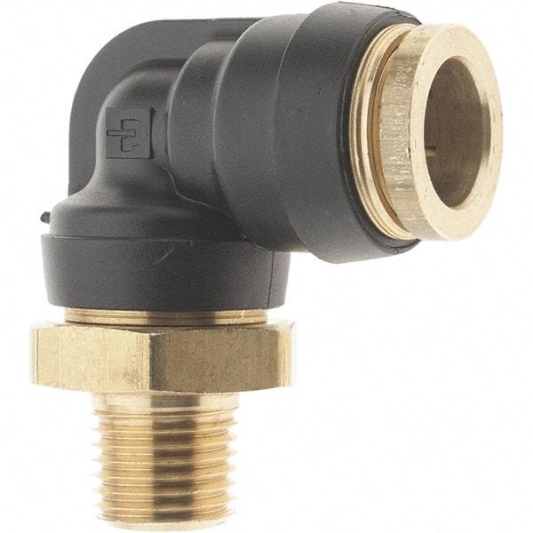Parker - 1/2" Outside Diam, 1/4 Thread, Brass Push-to-Connect Tube Male Elbow - 250 Max psi, Tube to Male NPT Connection - Exact Tool & Supply