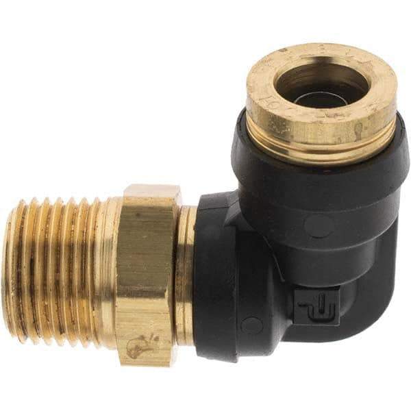 Parker - 3/8" Outside Diam, 3/8 Thread, Brass Push-to-Connect Tube Male Elbow - 250 Max psi, Tube to Male NPT Connection - Exact Tool & Supply