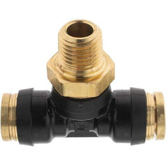 Parker - 3/8" Outside Diam, 1/4 Thread, Brass Push-to-Connect Tube Male Branch Tee - 250 Max psi, Tube to Male NPT Connection - Exact Tool & Supply