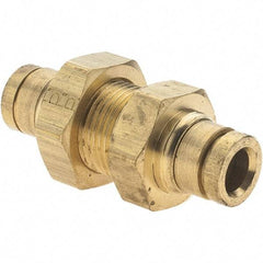 Parker - 1/4" Outside Diam, Brass Push-to-Connect Tube Bulkhead Union - Nitrile O-Ring - Exact Tool & Supply