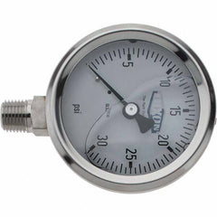 Value Collection - 2-1/2" Dial, 1/4 Thread, 0-30 Scale Range, Pressure Gauge - Lower Connection Mount, Accurate to 2-1-2% of Scale - Exact Tool & Supply