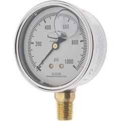 Value Collection - 2-1/2" Dial, 1/4 Thread, 0-1,000 Scale Range, Pressure Gauge - Lower Connection Mount, Accurate to 2-1-2% of Scale - Exact Tool & Supply