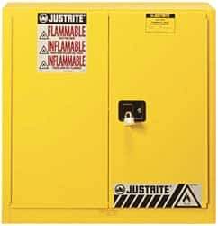 Justrite - 2 Door, 3 Shelf, Yellow Steel Standard Safety Cabinet for Flammable and Combustible Liquids - 44" High x 43" Wide x 18" Deep, Manual Closing Door, 3 Point Key Lock, 40 Gal Capacity - Exact Tool & Supply