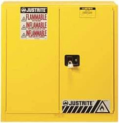 Justrite - 2 Door, 3 Shelf, Yellow Steel Standard Safety Cabinet for Flammable and Combustible Liquids - 44" High x 43" Wide x 18" Deep, Manual Closing Door, 3 Point Key Lock, 40 Gal Capacity - Exact Tool & Supply