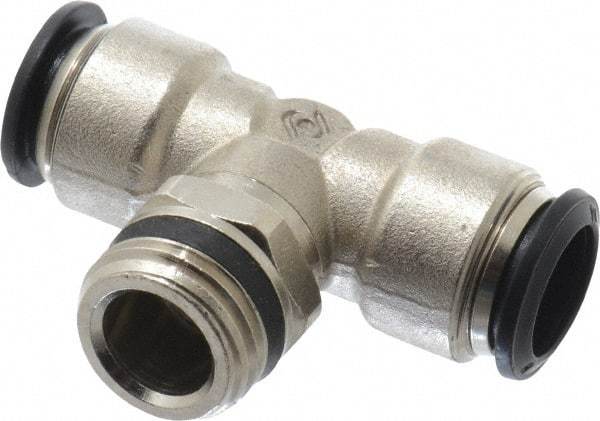 Alpha Technologies - 14mm Outside Diam, 1/2 Universal, Nickel Plated Brass Push-to-Connect Tube Male Swivel Branch Tee - 250 Max psi, Tube to Universal Thread Connection, Buna O-Ring - Exact Tool & Supply