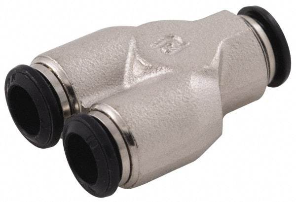 Alpha Technologies - 5mm Outside Diam, Nickel Plated Brass Push-to-Connect Tube Union Y - 250 Max psi, Tube to Tube Connection, Buna O-Ring - Exact Tool & Supply