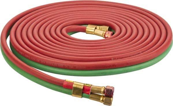 Parker - 1/4" Inside x 17/32" Outside Diam, Grade R Welding Hose - Green & Red, 25' Long, Twin Style, 200 psi Working Pressure - Exact Tool & Supply