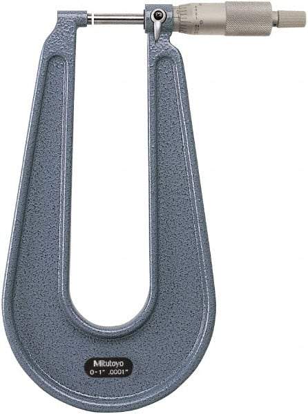 Mitutoyo - 0 to 1" Range, 0.0001" Graduation, Mechanical Outside Micrometer - Ratchet Stop Thimble, 6.3" Throat Depth, Accurate to 0.0002" - Exact Tool & Supply