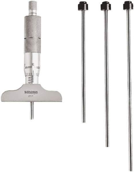 Mitutoyo - 0 to 4" Range, 4 Rod, Mechanical Depth Micrometer - Ratchet Stop Thimble, 2-1/2" Base Length, 0.01mm Graduation, 4.5mm Rod Diam - Exact Tool & Supply