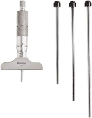 Mitutoyo - 0 to 4" Range, 4 Rod, Mechanical Depth Micrometer - Ratchet Stop Thimble, 2-1/2" Base Length, 0.01mm Graduation, 4.5mm Rod Diam - Exact Tool & Supply