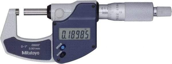 Mitutoyo - 0 to 1" Range, 0" Resolution, Standard Throat, Electronic Outside Micrometer - 0.0001" Accuracy, Ratchet Stop Thimble, Rotating Spindle, SR44 Battery, Includes NIST Traceability Certification - Exact Tool & Supply