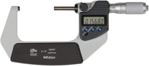 Mitutoyo - 2 to 3 Inch Range, 0 Inch Resolution, Standard Throat, IP65 Electronic Outside Micrometer - 0.0001 Inch Accuracy, Ratchet Friction Thimble, Rotating Spindle, SR44 Battery, Includes NIST Traceability Certification - Exact Tool & Supply