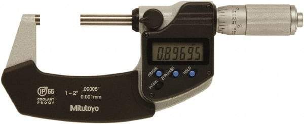 Mitutoyo - 1 to 2 Inch Range, 0 Inch Resolution, Standard Throat, IP65 Electronic Outside Micrometer - 0.0001 Inch Accuracy, Ratchet Friction Thimble, Rotating Spindle, SR44 Battery, Includes NIST Traceability Certification - Exact Tool & Supply