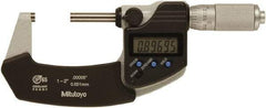 Mitutoyo - 1 to 2 Inch Range, 0 Inch Resolution, Standard Throat, IP65 Electronic Outside Micrometer - 0.0001 Inch Accuracy, Ratchet Friction Thimble, Rotating Spindle, SR44 Battery, Includes NIST Traceability Certification - Exact Tool & Supply