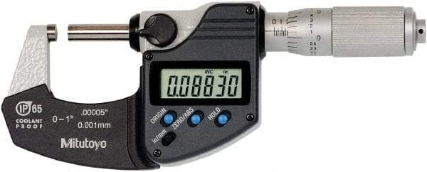 Mitutoyo - 0 to 1 Inch Range, 0 Inch Resolution, Standard Throat, IP65 Electronic Outside Micrometer - 0.0001 Inch Accuracy, Ratchet Friction Thimble, Rotating Spindle, SR44 Battery, Includes NIST Traceability Certification - Exact Tool & Supply