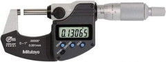 Mitutoyo - 0 to 1 Inch Range, 0.0001 Inch Resolution, Standard Throat, IP65 Electronic Outside Micrometer - 0.0001 Inch Accuracy, Ratchet Stop Thimble, Rotating Spindle, SR44 Battery, Includes NIST Traceability Certification - Exact Tool & Supply