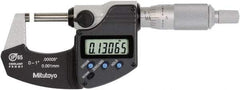 Mitutoyo - 0 to 1 Inch Range, 0 Inch Resolution, Standard Throat, IP65 Electronic Outside Micrometer - 0.0001 Inch Accuracy, Ratchet Stop Thimble, Rotating Spindle, SR44 Battery, Data Output, Includes NIST Traceability Certification - Exact Tool & Supply