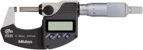 Mitutoyo - 0 to 25 mm Range, 0.0010 mm Resolution, Standard Throat, IP65 Electronic Outside Micrometer - Ratchet Stop Thimble, Rotating Spindle, SR44 Battery, Includes NIST Traceability Certification - Exact Tool & Supply
