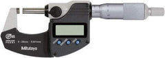 Mitutoyo - 0 to 25 mm Range, 0.0010 mm Resolution, Standard Throat, IP65 Electronic Outside Micrometer - Ratchet Stop Thimble, Rotating Spindle, SR44 Battery, Includes NIST Traceability Certification - Exact Tool & Supply