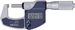 Mitutoyo - 0 to 1" Range, 0" Resolution, Standard Throat, Electronic Outside Micrometer - 0.0001" Accuracy, Friction Thimble, Rotating Spindle, SR44 Battery, Includes NIST Traceability Certification - Exact Tool & Supply