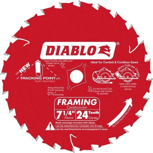 Freud - 7-1/4" Diam, 5/8" Arbor Hole Diam, 24 Tooth Wet & Dry Cut Saw Blade - Carbide-Tipped, Standard Round Arbor - Exact Tool & Supply
