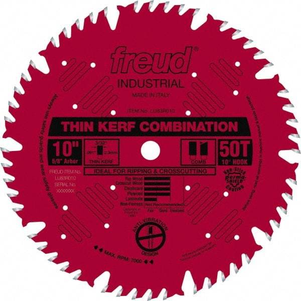 Freud - 10" Diam, 5/8" Arbor Hole Diam, 50 Tooth Wet & Dry Cut Saw Blade - Carbide-Tipped, Combination Action, Standard Round Arbor - Exact Tool & Supply