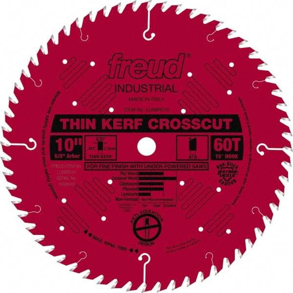 Freud - 10" Diam, 5/8" Arbor Hole Diam, 60 Tooth Wet & Dry Cut Saw Blade - Carbide-Tipped, Standard Round Arbor - Exact Tool & Supply