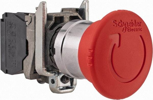 Schneider Electric - 22mm Mount Hole, Extended Mushroom Head, Pushbutton Switch Only - Round, Red Pushbutton, Nonilluminated, Trigger Action, Off, Shock and Vibration Resistant - Exact Tool & Supply