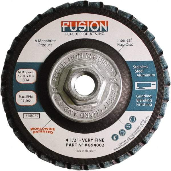 Rex Cut Product - 120 Grit, 4-1/2" Disc Diam, 5/8-11 Center Hole, Type 29 Aluminum Oxide Flap Disc - 13,300 Max RPM, Fiberglass Backing, Arbor Attaching System, Coated & Non-Woven Combo - Exact Tool & Supply