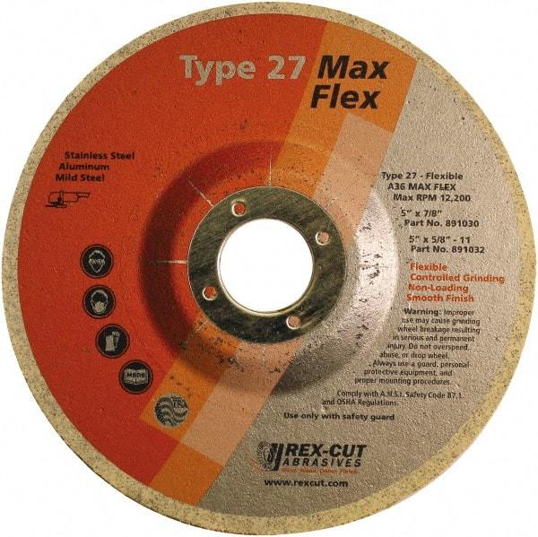 Rex Cut Product - 36 Grit, 5" Wheel Diam, 5/32" Wheel Thickness, 7/8" Arbor Hole, Type 27 Depressed Center Wheel - Aluminum Oxide, 12,200 Max RPM - Exact Tool & Supply