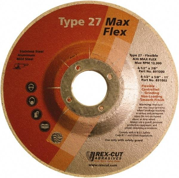 Rex Cut Product - 36 Grit, 4-1/2" Wheel Diam, 3/16" Wheel Thickness, 7/8" Arbor Hole, Type 27 Depressed Center Wheel - Aluminum Oxide, 13,300 Max RPM - Exact Tool & Supply