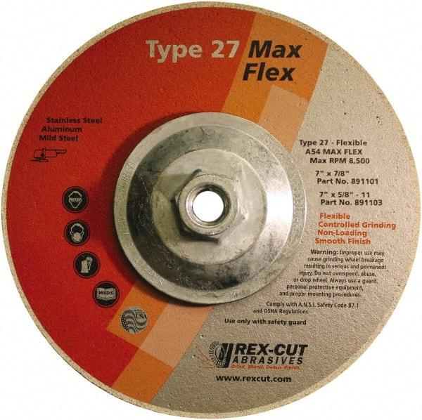 Rex Cut Product - 54 Grit, 7" Wheel Diam, 5/32" Wheel Thickness, Type 27 Depressed Center Wheel - Aluminum Oxide, 8,500 Max RPM - Exact Tool & Supply