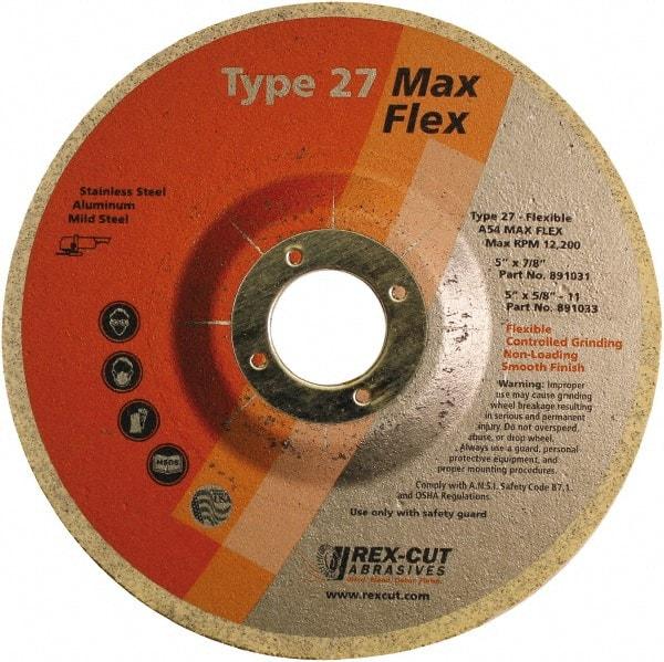 Rex Cut Product - 54 Grit, 5" Wheel Diam, 5/32" Wheel Thickness, 7/8" Arbor Hole, Type 27 Depressed Center Wheel - Aluminum Oxide, 12,200 Max RPM - Exact Tool & Supply