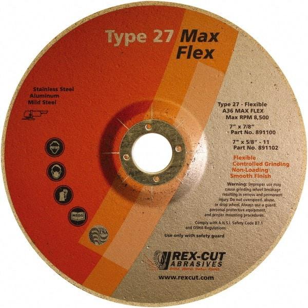 Rex Cut Product - 36 Grit, 7" Wheel Diam, 5/32" Wheel Thickness, 7/8" Arbor Hole, Type 27 Depressed Center Wheel - Aluminum Oxide, 8,500 Max RPM - Exact Tool & Supply