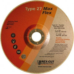 Rex Cut Product - 36 Grit, 7" Wheel Diam, 5/32" Wheel Thickness, 7/8" Arbor Hole, Type 27 Depressed Center Wheel - Aluminum Oxide, 8,500 Max RPM - Exact Tool & Supply