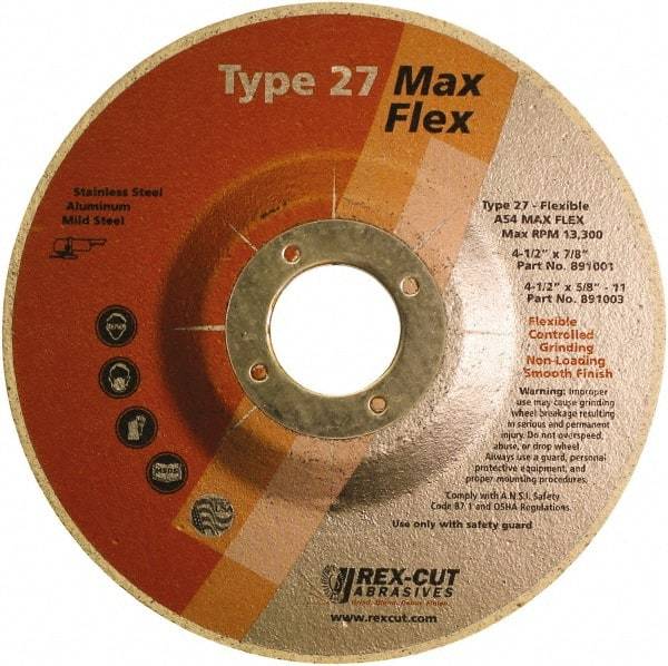 Rex Cut Product - 54 Grit, 4-1/2" Wheel Diam, 5/32" Wheel Thickness, 7/8" Arbor Hole, Type 27 Depressed Center Wheel - Aluminum Oxide, 13,300 Max RPM - Exact Tool & Supply