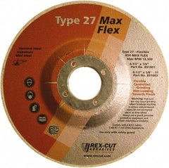 Rex Cut Product - 54 Grit, 4-1/2" Wheel Diam, 5/32" Wheel Thickness, 7/8" Arbor Hole, Type 27 Depressed Center Wheel - Aluminum Oxide, 13,300 Max RPM - Exact Tool & Supply