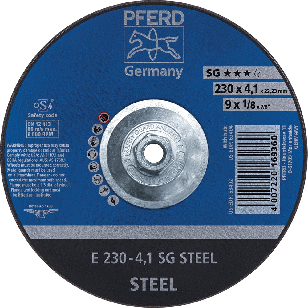 PFERD - Depressed-Center Wheels; Hole Thread Size: 5/8-11 ; Connector Type: Arbor ; Wheel Type Number: Type 27 ; Abrasive Material: Aluminum Oxide ; Maximum RPM: 6600.000 ; Bond Type: Resinoid - Exact Tool & Supply