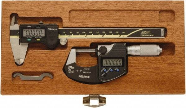 Mitutoyo - 4 Piece, Caliberated Machinist Caliper and Micrometer Tool Kit - 0 to 6 Inch Caliper, 0.0005 Inch Caliper Resoluion, 0 to 1 Inch Micrometer, 0.0001 Inch Graduation, 0.0005 Inch Resoluion - Exact Tool & Supply