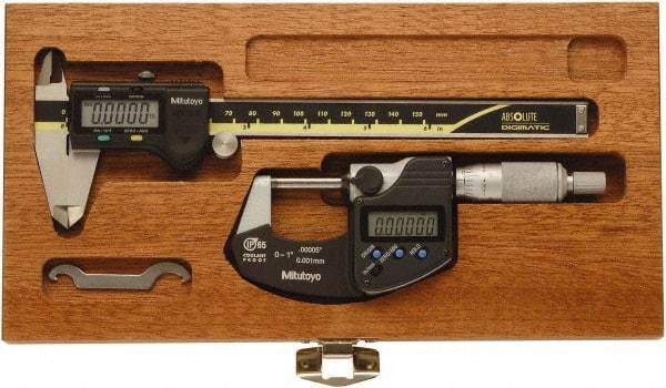Mitutoyo - 4 Piece, Caliberated Machinist Caliper and Micrometer Tool Kit - 0 to 6 Inch Caliper, 0.0005 Inch Caliper Resoluion, 0 to 1 Inch Micrometer, 0.0001 Inch Graduation, 0.0005 Inch Resoluion - Exact Tool & Supply