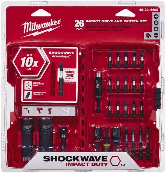 Milwaukee Tool - 26 Piece, Screwdriver Power Bit Set - #1 to #3 Phillips, 1/4 to 9/16" Hex, T20 to T30 Torx - Exact Tool & Supply