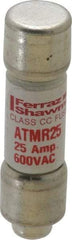 Ferraz Shawmut - 600 VAC/VDC, 25 Amp, Fast-Acting General Purpose Fuse - Clip Mount, 1-1/2" OAL, 100 at DC, 200 at AC kA Rating, 13/32" Diam - Exact Tool & Supply