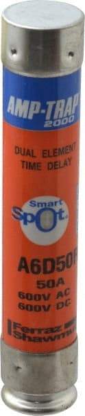 Ferraz Shawmut - 600 VAC/VDC, 50 Amp, Time Delay General Purpose Fuse - Clip Mount, 5-1/2" OAL, 100 at DC, 200 at AC kA Rating, 1-1/16" Diam - Exact Tool & Supply