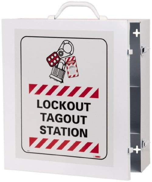 NMC - 1 Piece, Empty Steel Lockout Cabinet - 15 Inch Wide x 16 Inch High x 5-1/2 Inch Deep, White, Covered - Exact Tool & Supply