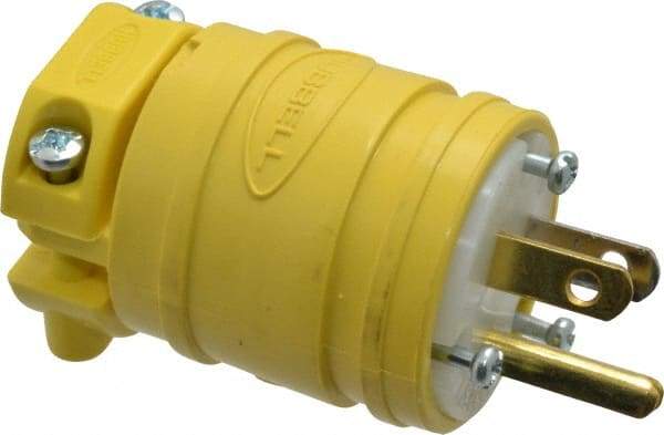 Hubbell Wiring Device-Kellems - 125 VAC, 15 Amp, 5-15P NEMA, Straight, Self Grounding, Commercial Grade Plug - 2 Pole, 3 Wire, 1 Phase, 1/2 hp, Thermoplastic, Yellow - Exact Tool & Supply