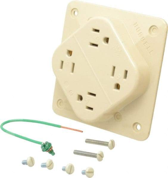 Hubbell Wiring Device-Kellems - 125 VAC, 15 Amp, 5-15R NEMA Configuration, Ivory, Specification Grade, Self Grounding Fourplex Receptacle - 1 Phase, 2 Poles, 3 Wire, Flush Mount, Impact Resistant - Exact Tool & Supply